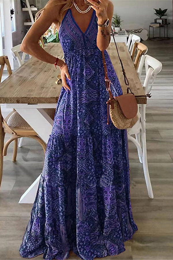 chinese dress ladies Celeste Boho Printed Strap Elastic Waist Maxi Dresses – roschic