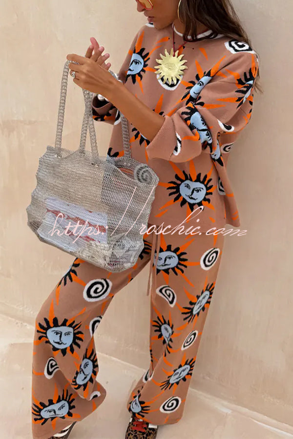 Mediterranean Art Knit Unique Sun Vortex Print Elastic Waist Wide Leg Pants