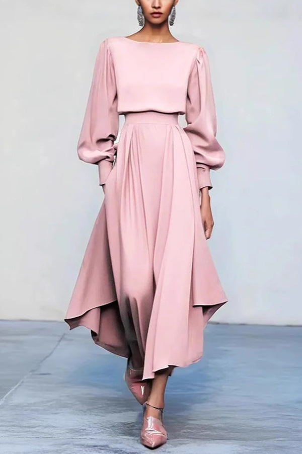 Solid Color Round Neck Long Sleeve High Waist Vacation Midi Dress