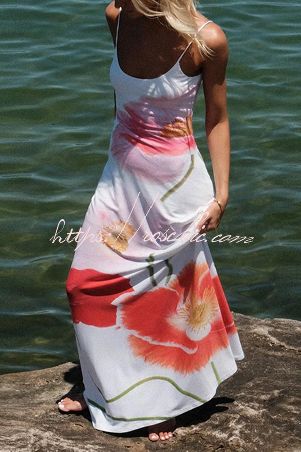 Romantic Beginnings Poppy Blossom Slip Floral Stretch Vacation Maxi Dress