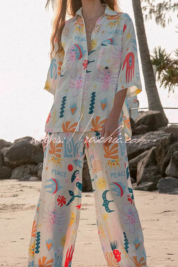 Abstract Sea Creature Print Button Pockets Elastic Waist Pant Suit