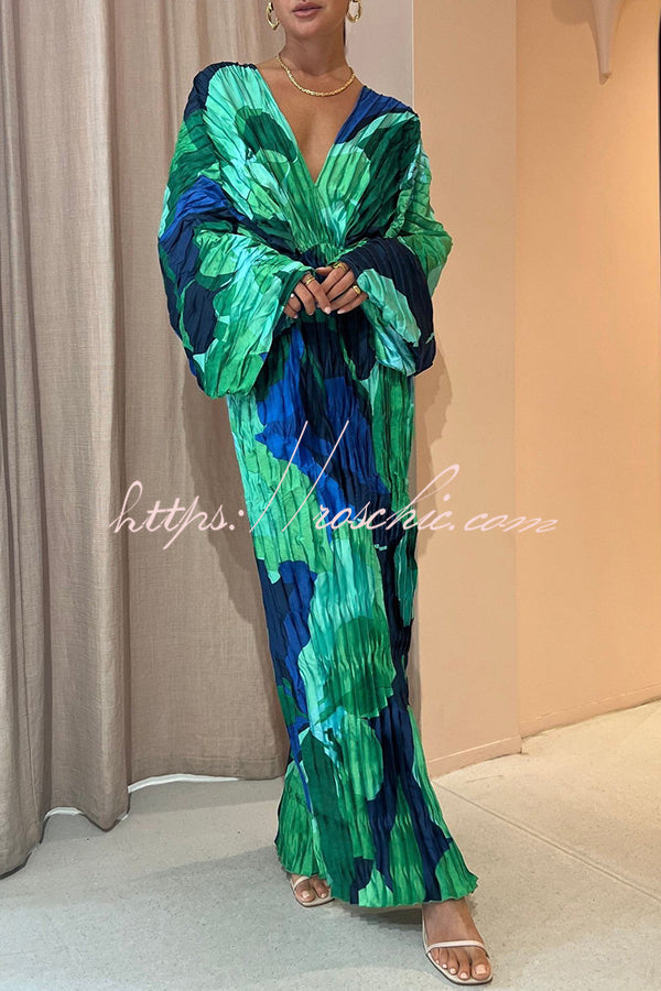 cocoon maxi dress Tropical Oasis Capri Print Kimono Sleeve Pleated Cocoon Maxi Dress – roschic