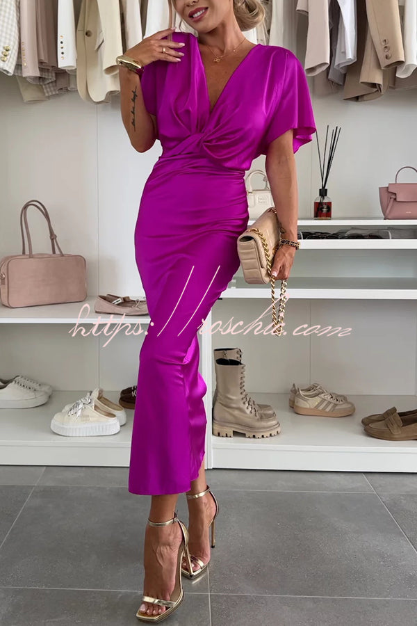 Satin Solid Color V-neck Cross Knot Slim Maxi Dress