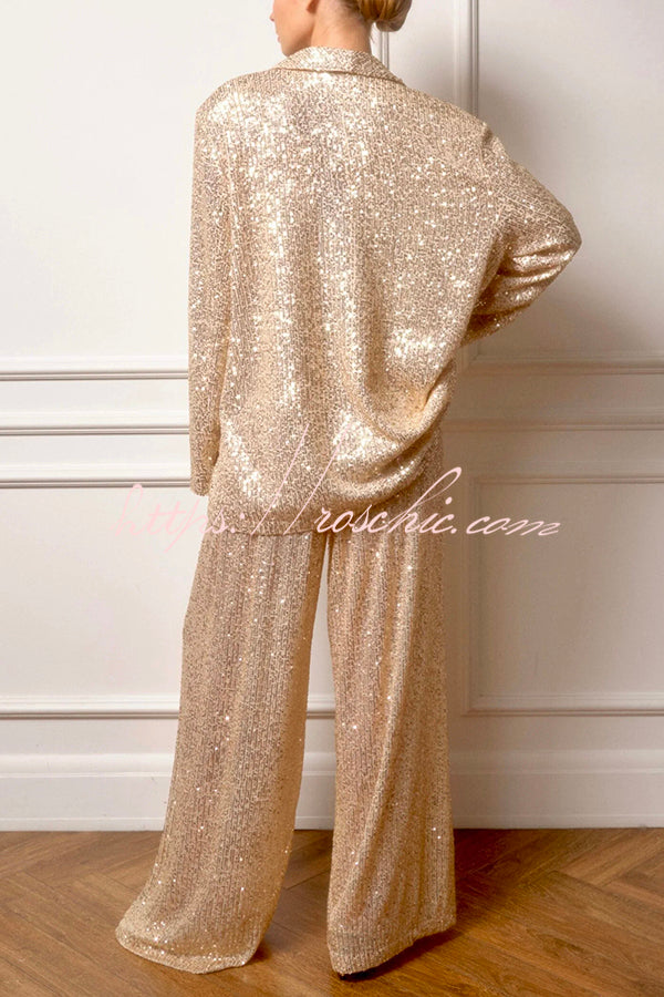 Solid Color Sequin Elastic Waist Elegant Loose Pants