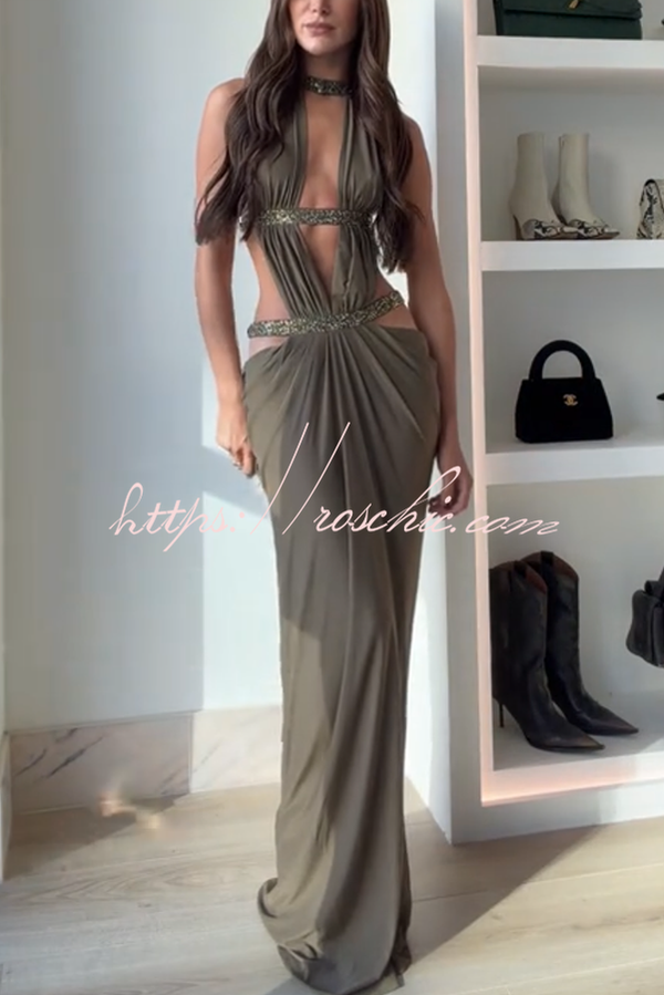 Khaki Hot-fix Rhinestone Shoulder Strap Cutout Design Backless Drape Maxi Dress