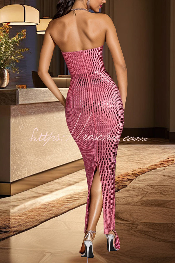 Flash Sculpture Rhinestone Embellished Bandeau Slit Stretch Maxi Dress