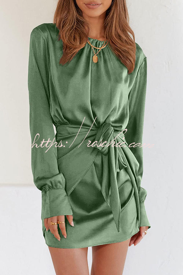 Satin Round Neck Long Sleeve Elastic Tie Mini Dress