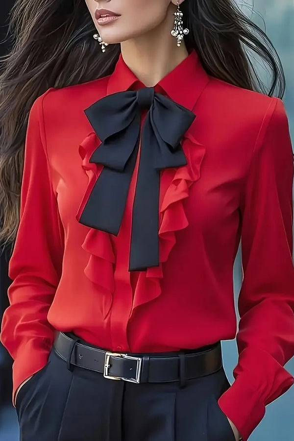 Fashion Ruffled Bow Tie Casual Long-sleeved Shirt