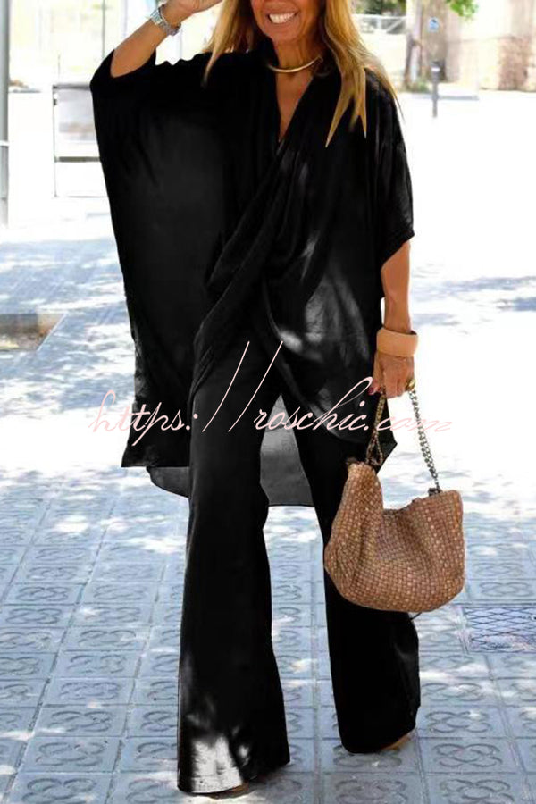 Casual V Neck Trumpet Sleeve Top and Pants Two Piece Set