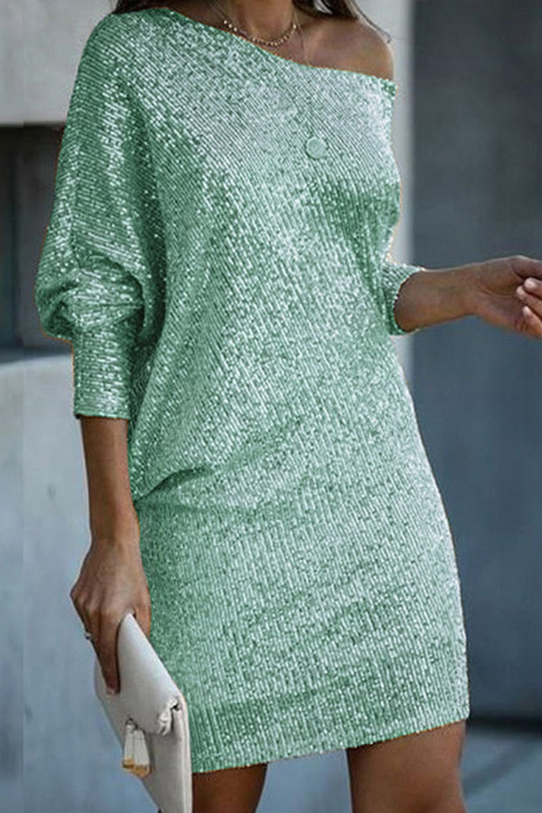Solid Sequined Off-shoulder Loose Mini Dress – roschic