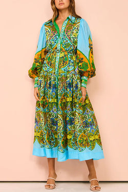 Feeling Butterflies Multi Unique Print Balloon Sleeve Belt Shirt Midi Dress