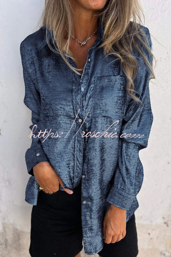 First and Fabulous Metallic Fabric Button Up Long Sleeve Loose Blouse