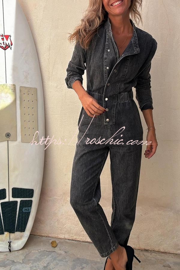 Carey Denim Button Up Long Sleeve Elastic Waist Pocketed Loose Jumpsuit