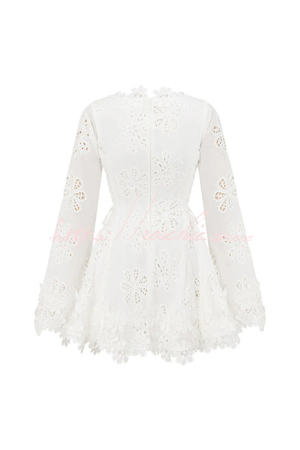 Diaz Embroidery Hollow Fabric Delicate Flower Trim Long Sleeve Side Lace-up Mini Dress