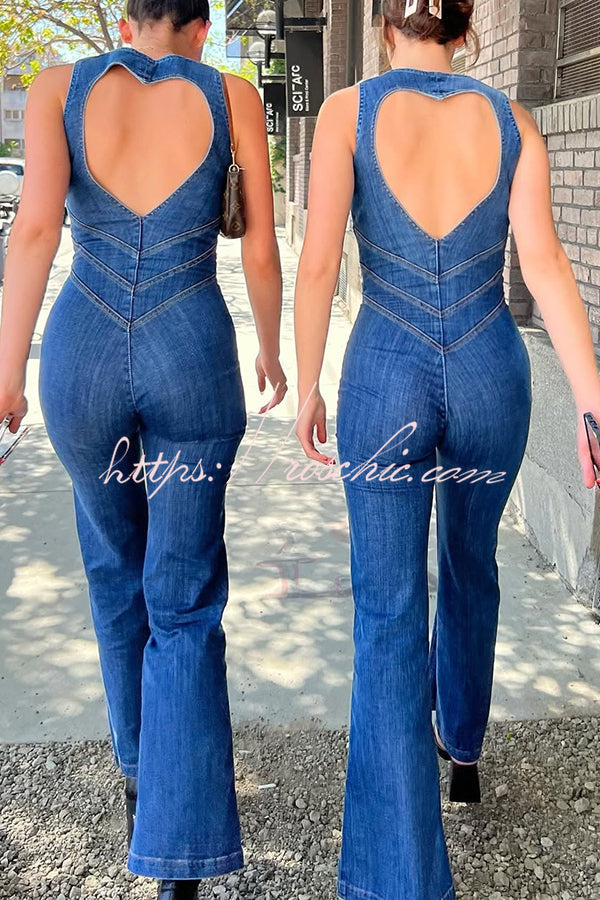 Fashionable Heart Hollow Back Slim High Waist Flared Denim Jumpsuit