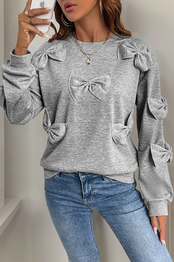 Solid Color Bow Embellished Casual Long-sleeved Loose Sweatshirt