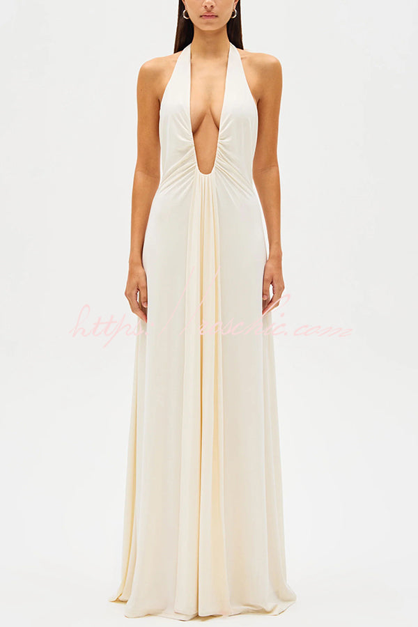 Sexy Silhouette Deep U-neck Halter Waterfall Sash Drape Maxi Dress