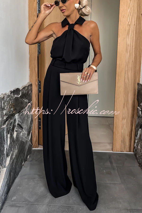 Fashionable Unique Look Halter Shirt Collar Pocketed Wide Leg Jumpsuit