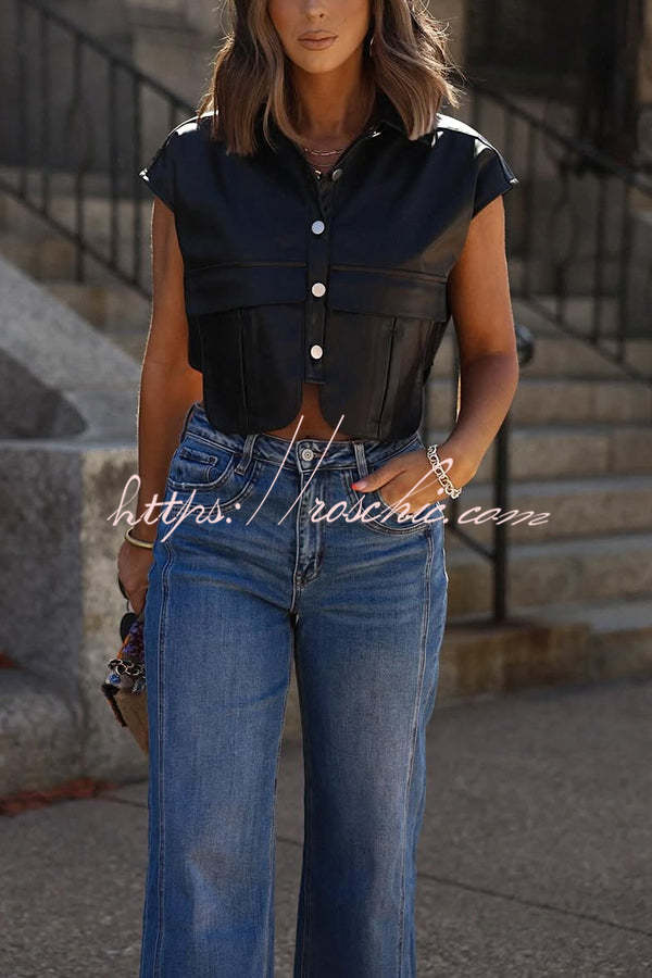 Fashion Faux Leather Pocket Sleeveless Cropped Jacket