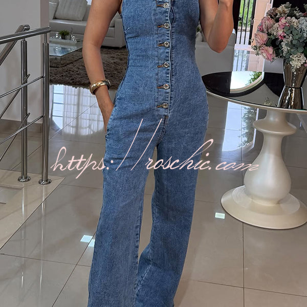 Heidi Denim Square Neck Button Back Smocked Pocket Flare Stretch