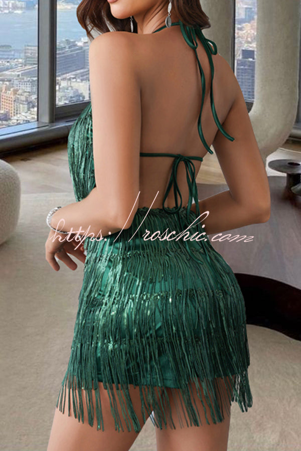 Shiny Sexy Halterneck Backless Lace-up Fringed Sequin Rompers