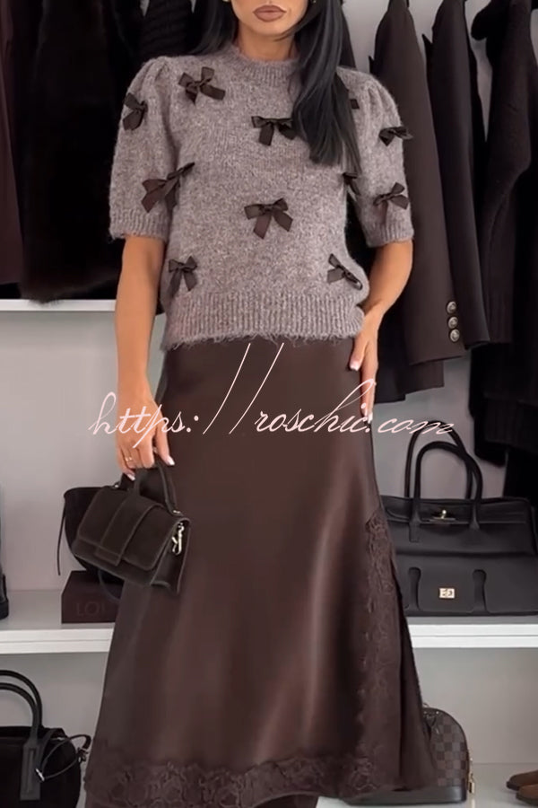 Jensin Knit Satin Bow Detail Short Sleeve Crop Sweater (Shipped Within 24 Hours)