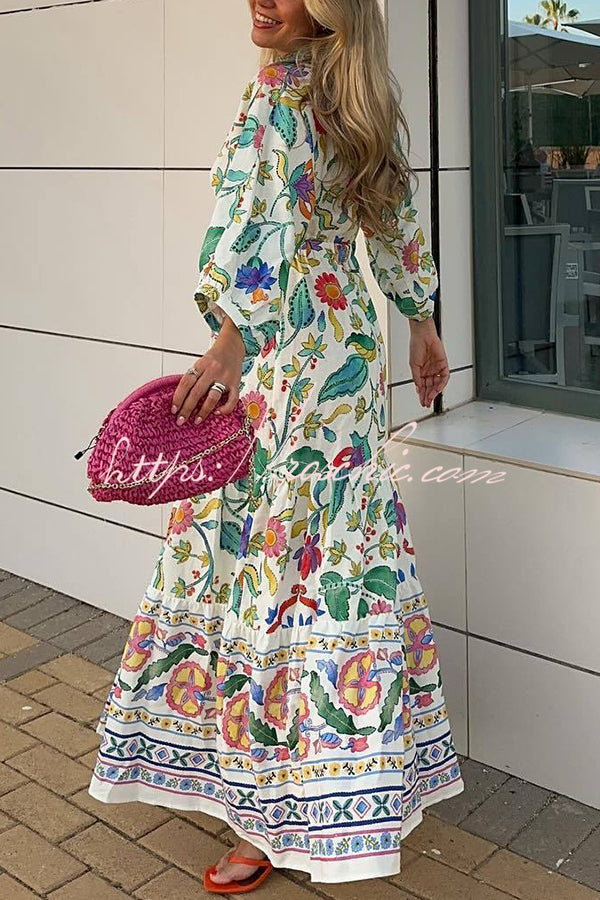 Botanical Floral Print V-neck Cutout Lace-up Elastic Waist Maxi Dress