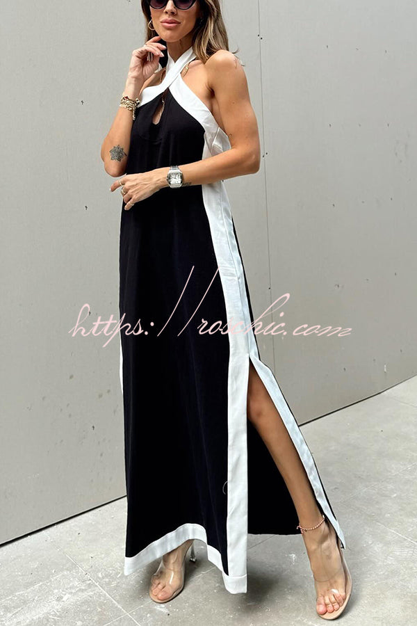 Island Bay Breeze Linen Blend Color Block Halter Neck Slit Maxi Dress