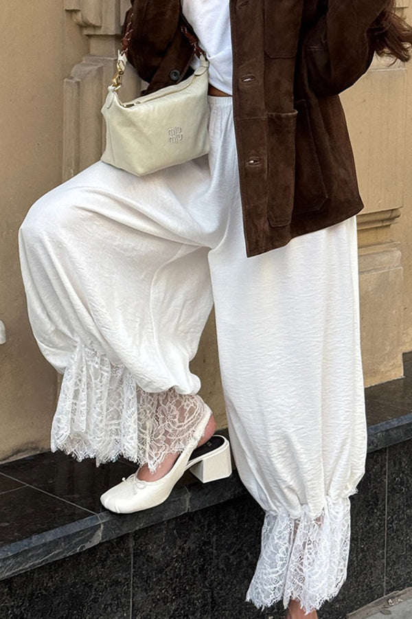 Solid Color Lace Splicing Casual Elastic Waist Loose Pants