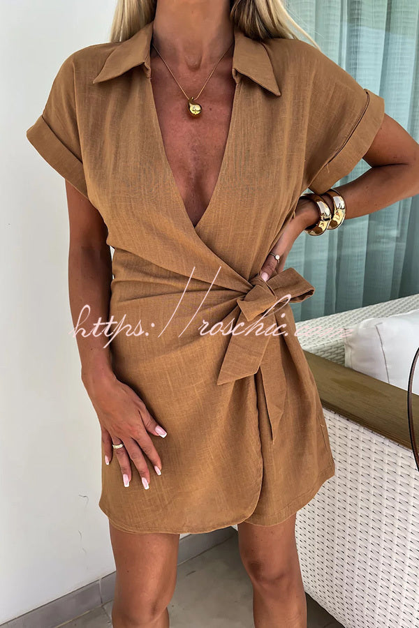 Relaxing Beach Linen Blend Solid Color Wrap Loose Shirt Romper