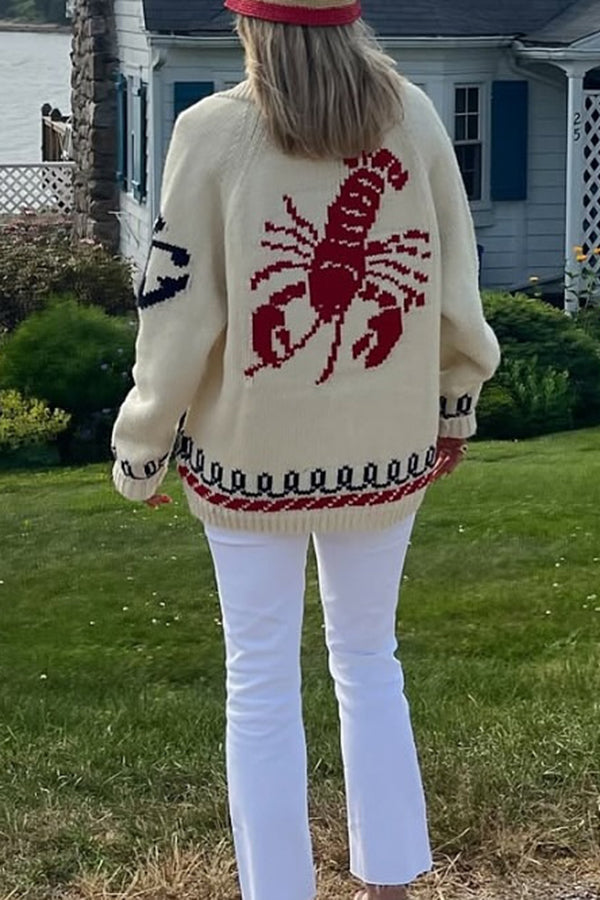 Fashion Lobster Print Casual Long Sleeve Knit Cardigan