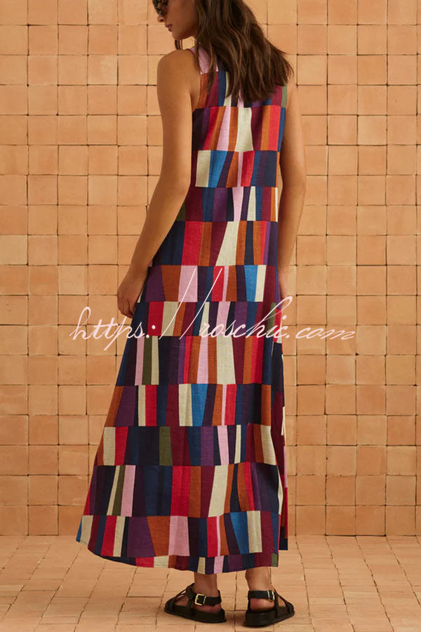 crew neck sleeveless maxi dress Retro Chic Linen Blend Colorful Color Block High Round Neck Sleeveles –  roschic