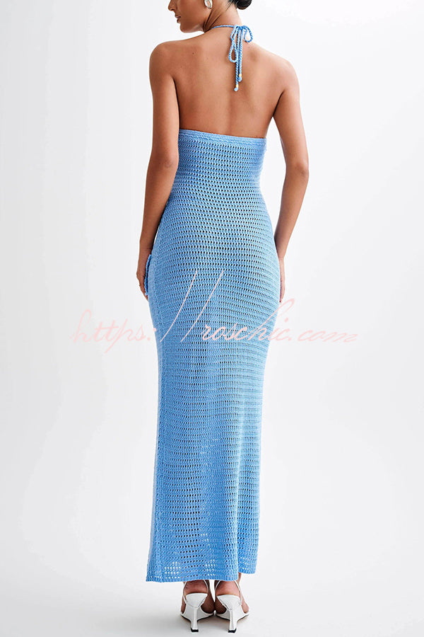 Call It Chic Knit Floral Crochet Halter Fishtail Hem Maxi Dress