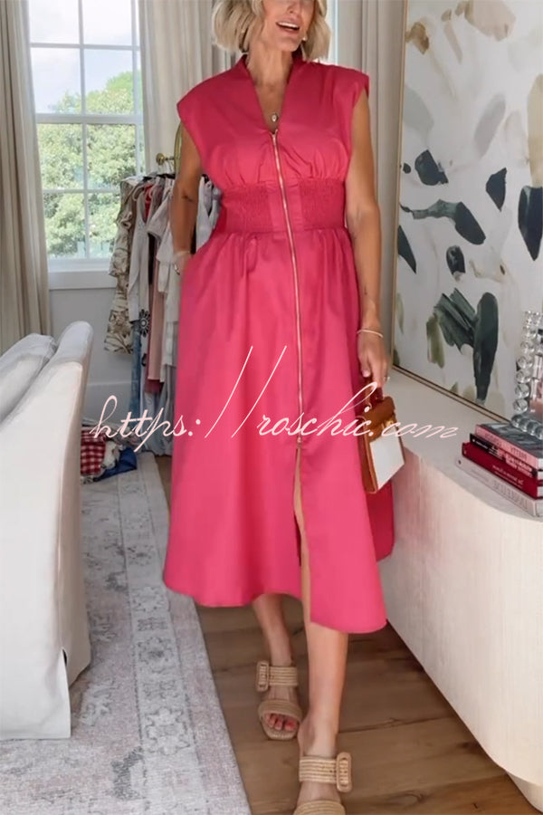 Workdays or Weekends Front Zipper Smocked Waist Pocket Loose Midi Dress