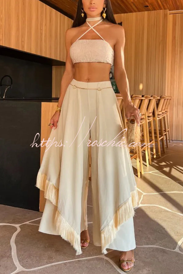 Sexy Lace-Up Bandeau Top and Irregular Tassel Pants Set