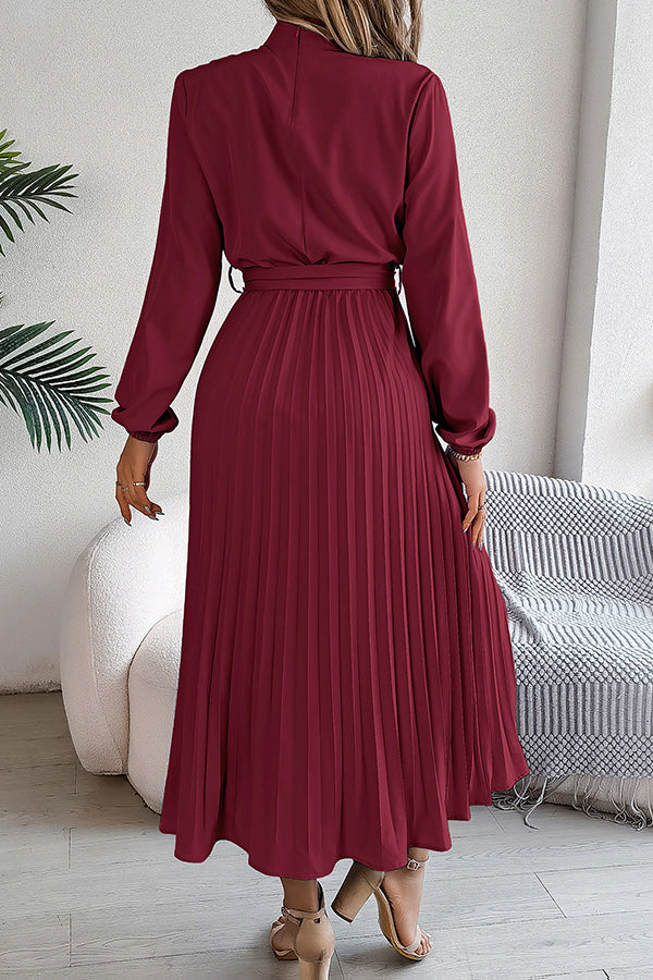 Elegant Stand-collar Long-sleeve Waisted Tie-up Pleated Midi Dress