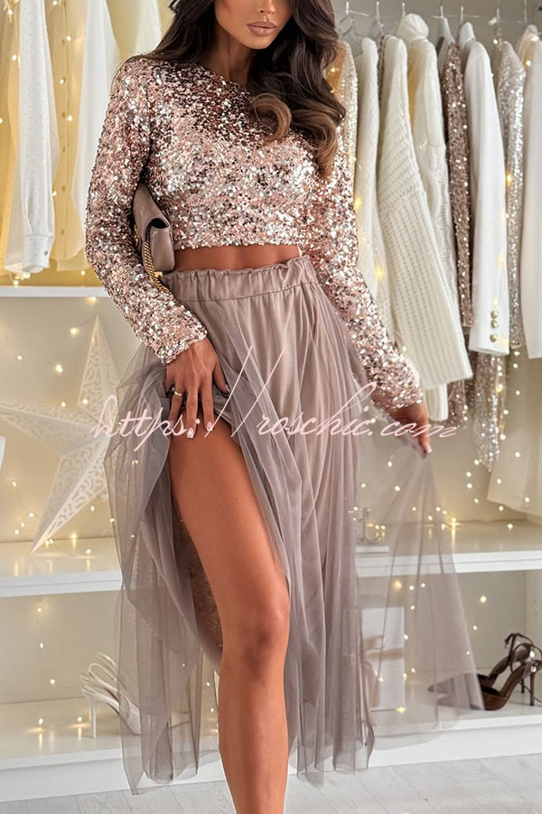 Holiday Party Sequin Long Sleeve Back Satin Tie-up Crop Top