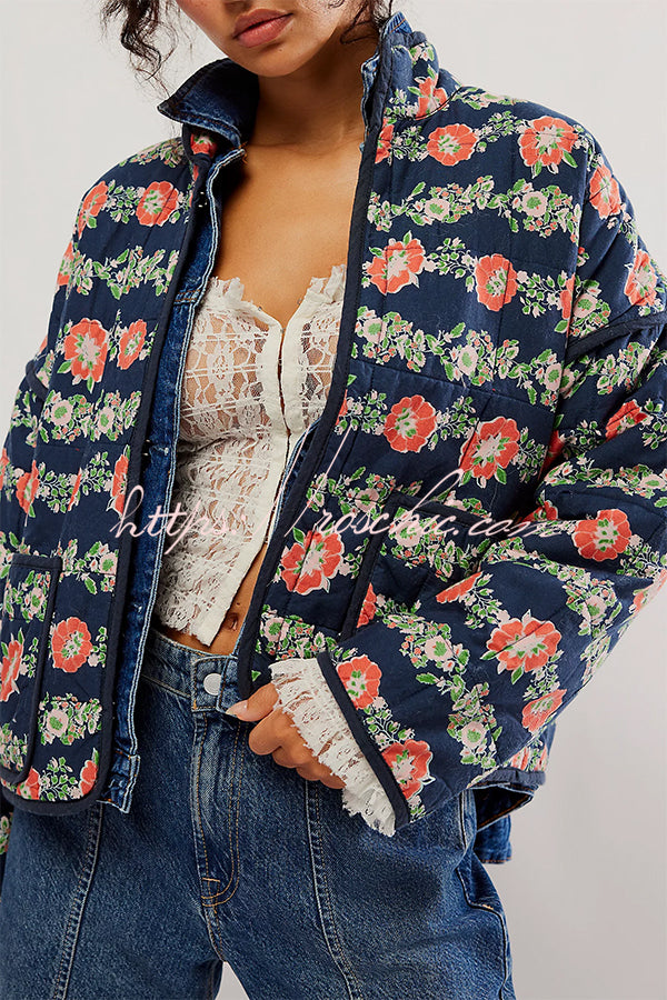 Floral Print Pocket Contrast Concealed Button Cotton Coat