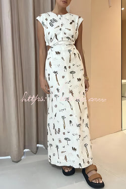 Round Neck Unique Printed Cutout Elastic Waist Short Sleeve Maxi Dress