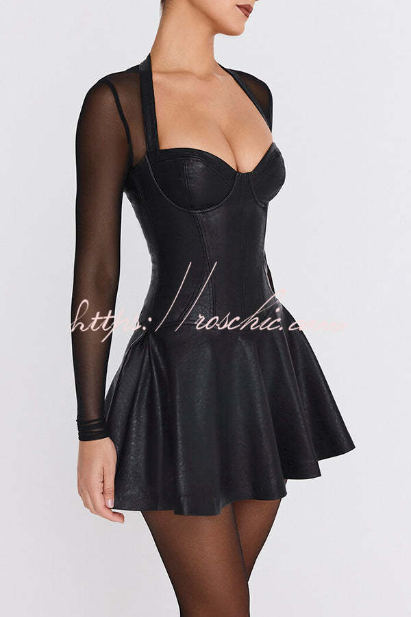 Fun and Flirty Faux Leather Mesh Sleeve Stretch Mini Dress