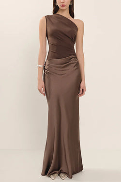 Kaia Satin Contrast Fabric Patchwork One Shoulder Ruched Maxi Dress, Mocha / L Kaia Satin Contrast Fabric Patchwork One Shoulder Ruched Maxi Dress, Mocha / L