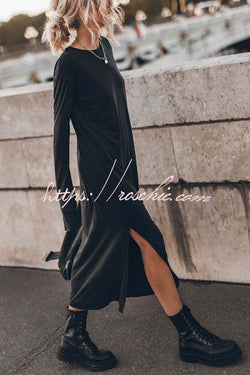 The Bedisse Cotton Blend Long Sleeve Relaxed Slit Midi Dress