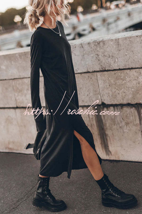 The Bedisse Cotton Blend Long Sleeve Relaxed Slit Midi Dress, Grey / M The Bedisse Cotton Blend Long Sleeve Relaxed Slit Midi Dress, Grey / M