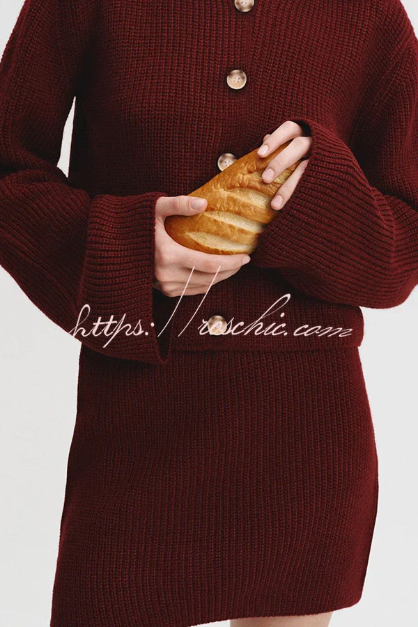 Fashion Lapel Bell Sleeve Knitted Cardigan and Casual Mini Skirt Set