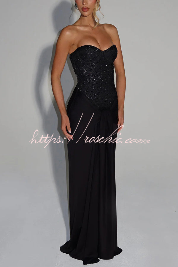 Carina Sequined and Satin Jersey Off Shoulder Ruched Knot Drape Maxi Dress