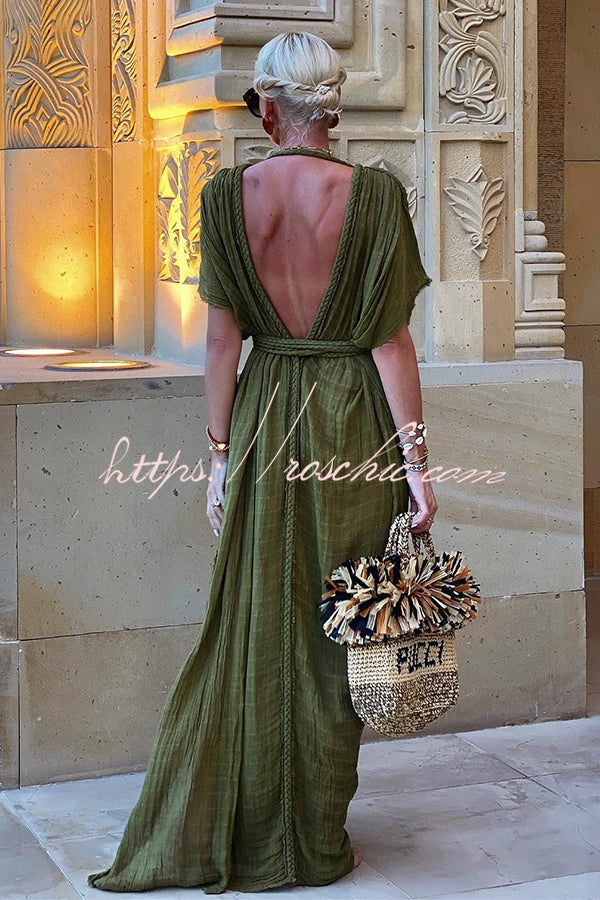 Greek Style Linen Blend Draped Braids Kimono Cover Up Slit Maxi Dress roschic Greek Style Linen Blend Draped Braids Kimono Cover Up Slit Maxi Dress roschic
