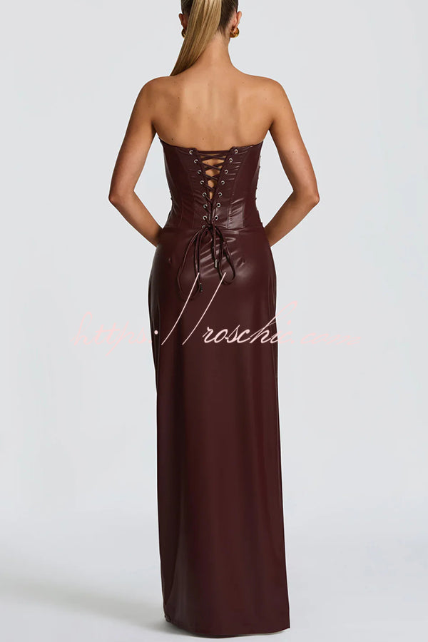 Alba Faux Leather Pleated Off Shoulder Neck Slit Stretch Maxi Dress