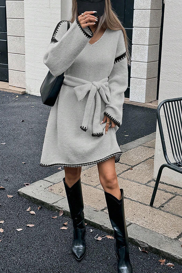 Stylish Loose-fitting Long-sleeved Tie-waist Knit Mini Dress