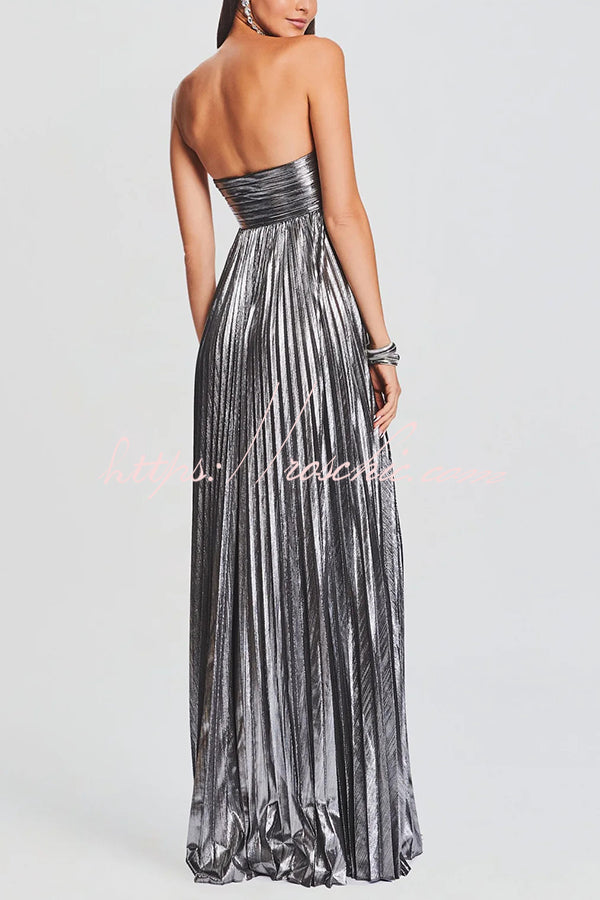 Metallic Sexy Tube Top Pleated High Slit Maxi Dress