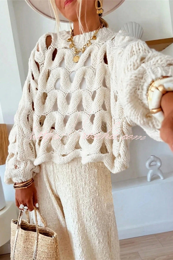 Solid Color Casual Hollow Long-sleeved Holiday Knitted Sweater